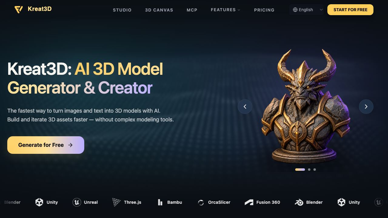 Kreat3D - AI  3D Model Creation Platform 网站截图