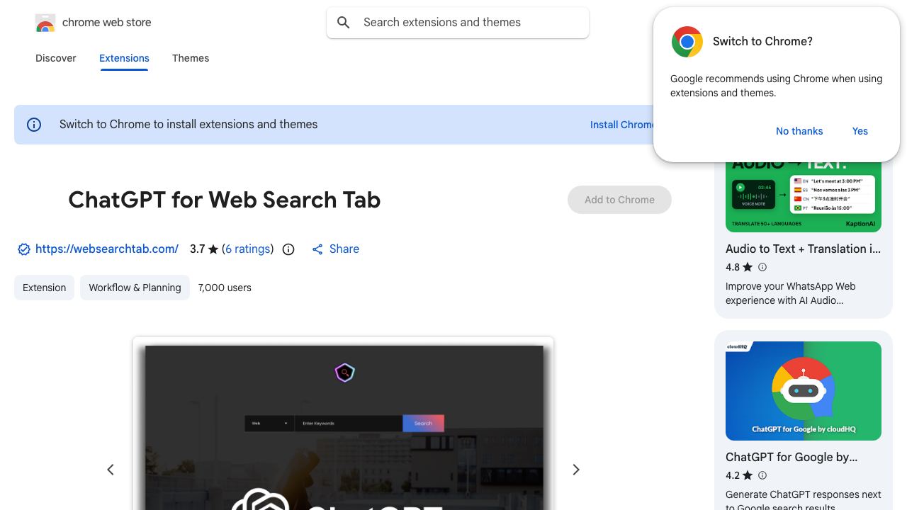 ChatGPT for Web Search Tab 网站截图