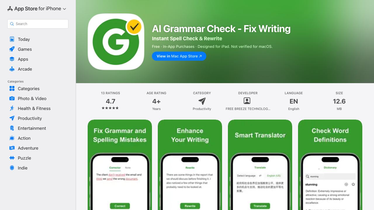 AI Grammar Checker for iOS 网站截图