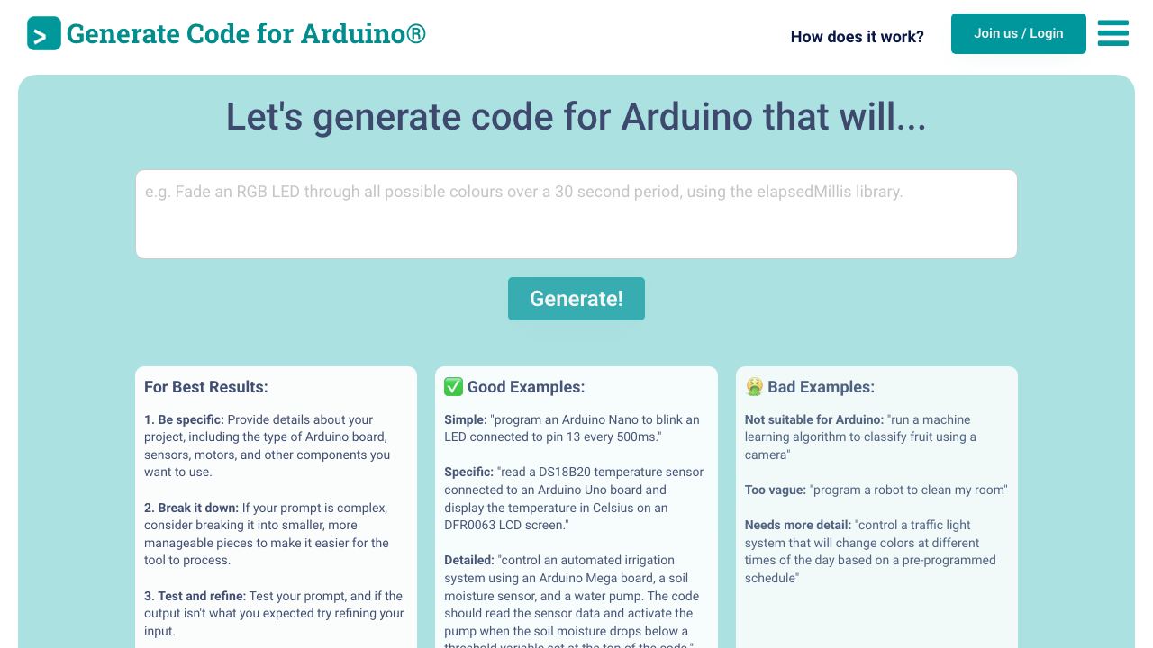 Duino Code Generator website screenshot