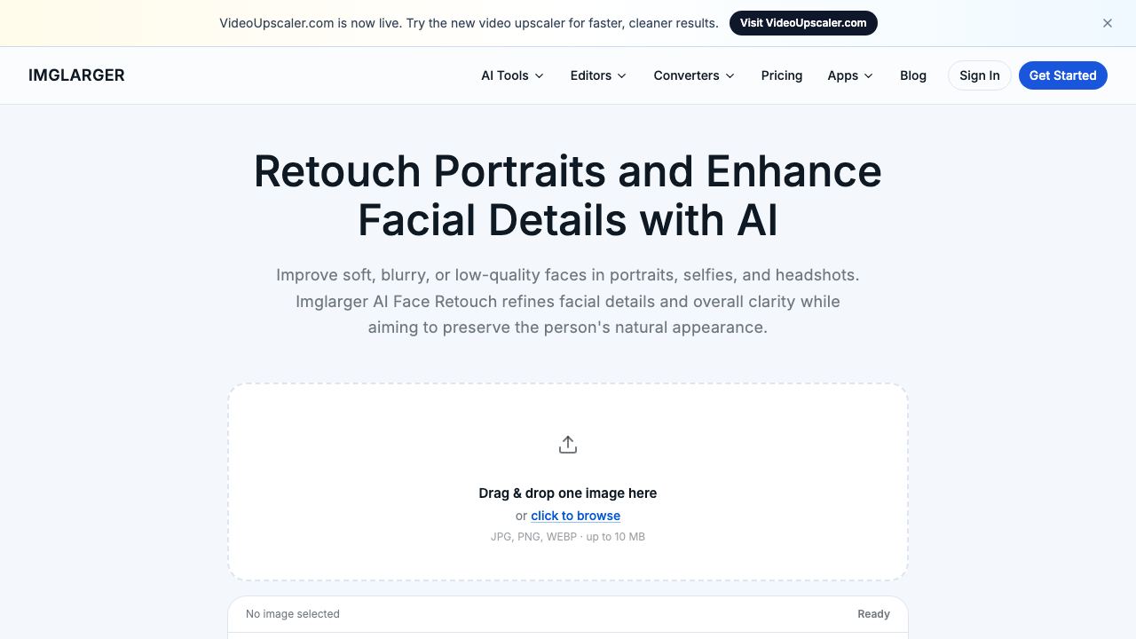 AI Face Retouch on AI Image Enlarger 网站截图