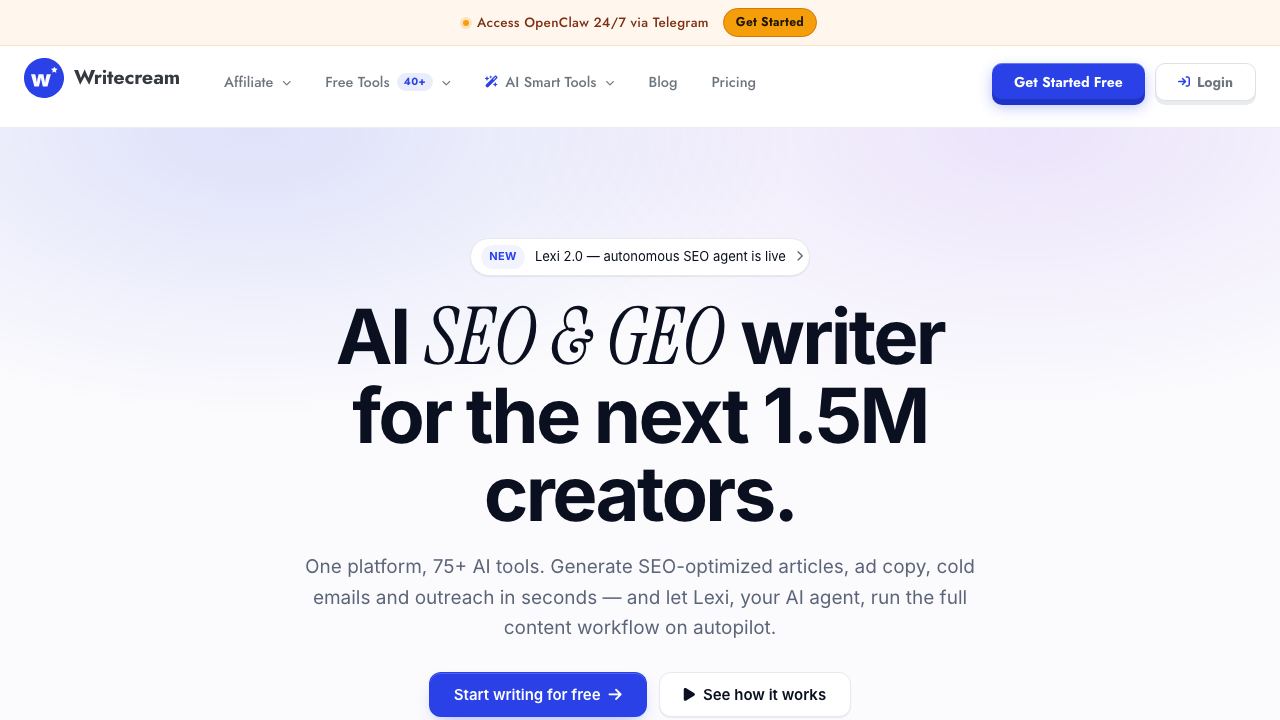 Writecream website screenshot