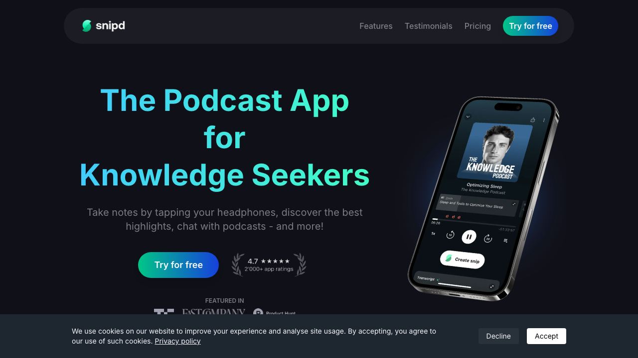 5min Podcast Summaries | Snipd 网站截图