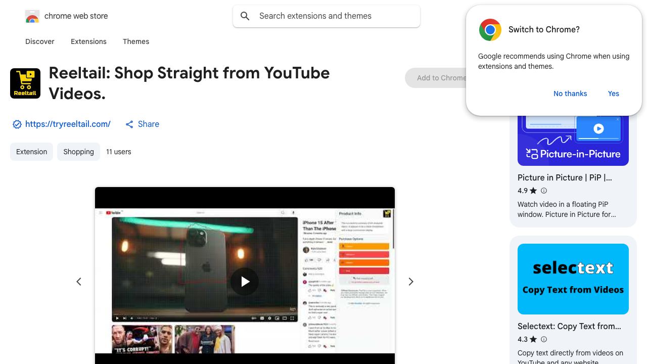 Reeltail: Shop Straight from YouTube Videos. 网站截图