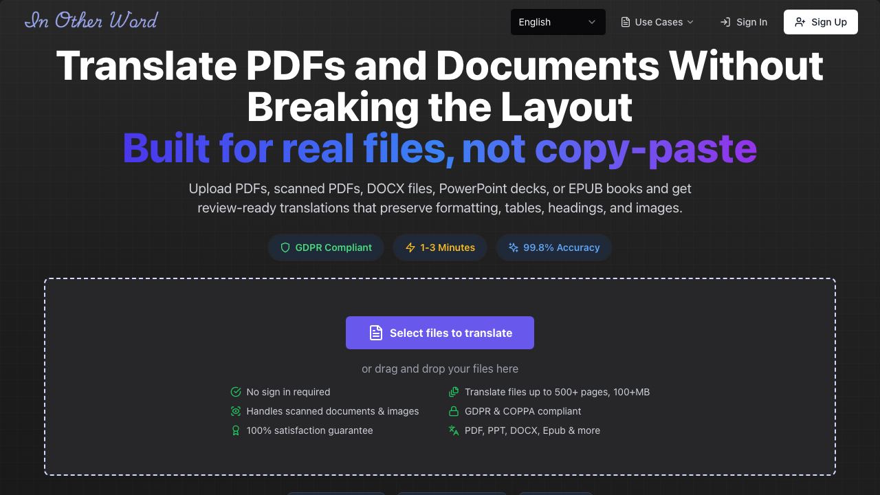 InOtherWord - Translate Complex Docs 网站截图