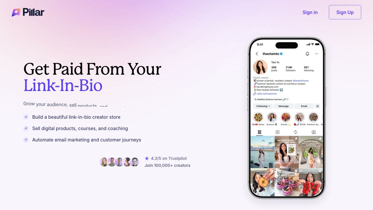 Pillar website screenshot