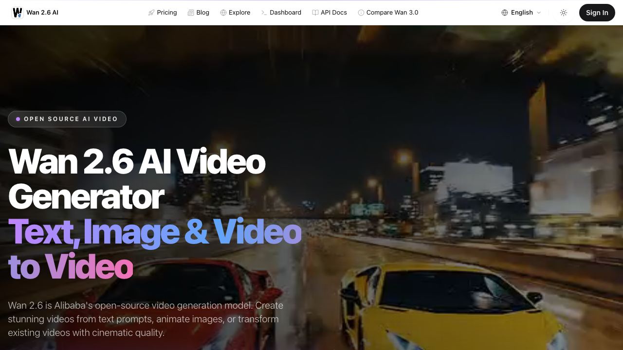 Wan 2.6 AI Video Generator - Text to Video, Image to Video, Video to Video | Wan 2.6 AI 网站截图