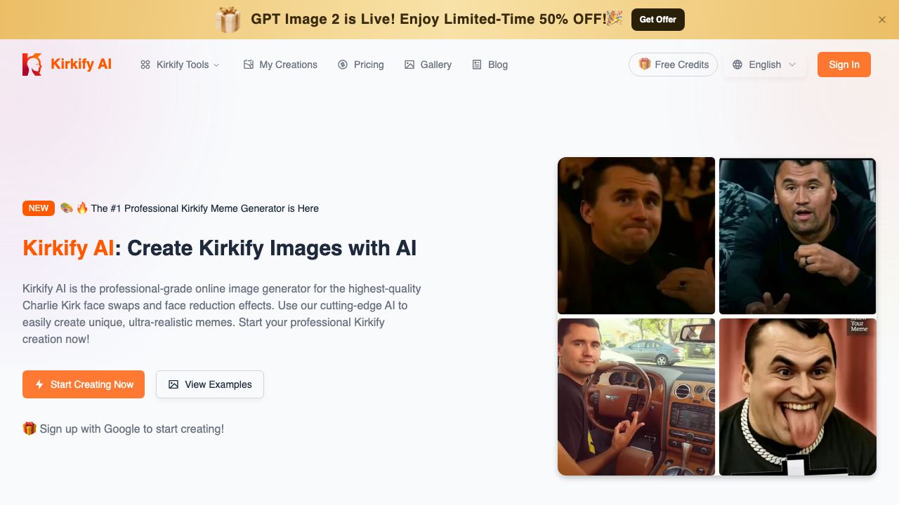 Kirkify AI Image Generator website screenshot