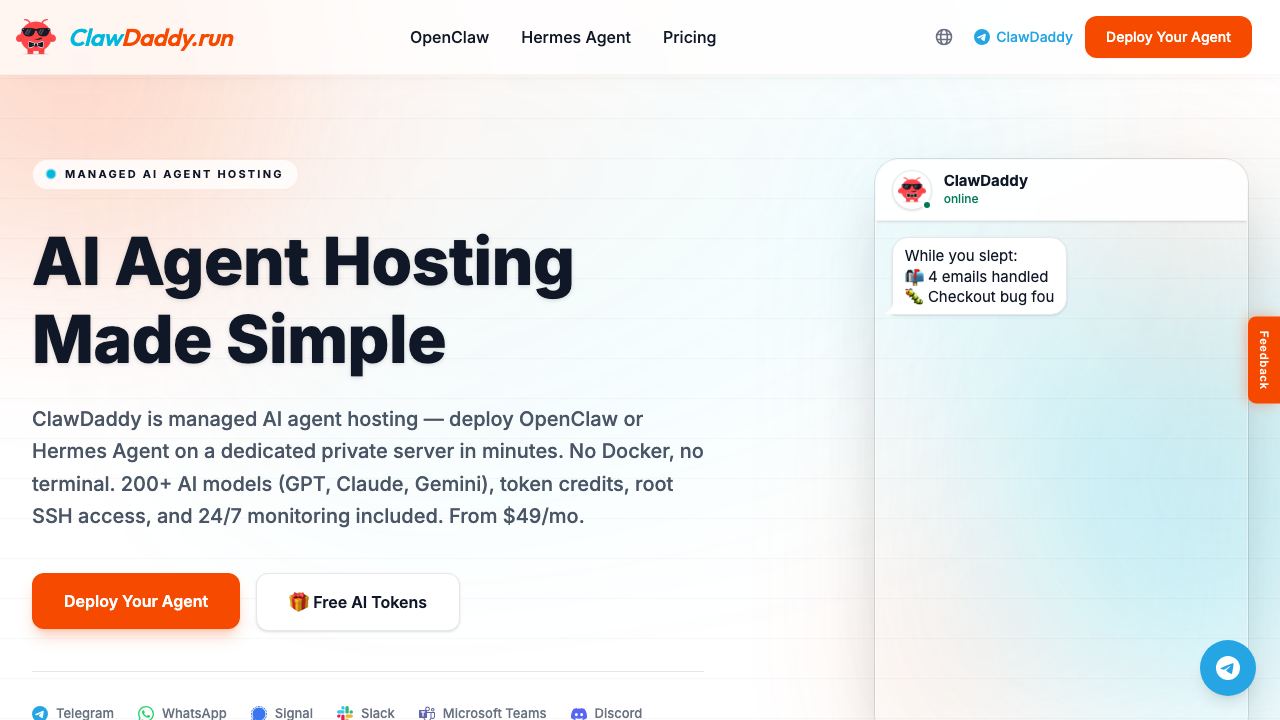 ClawDaddy Managed Hosting for OpenClaw 网站截图