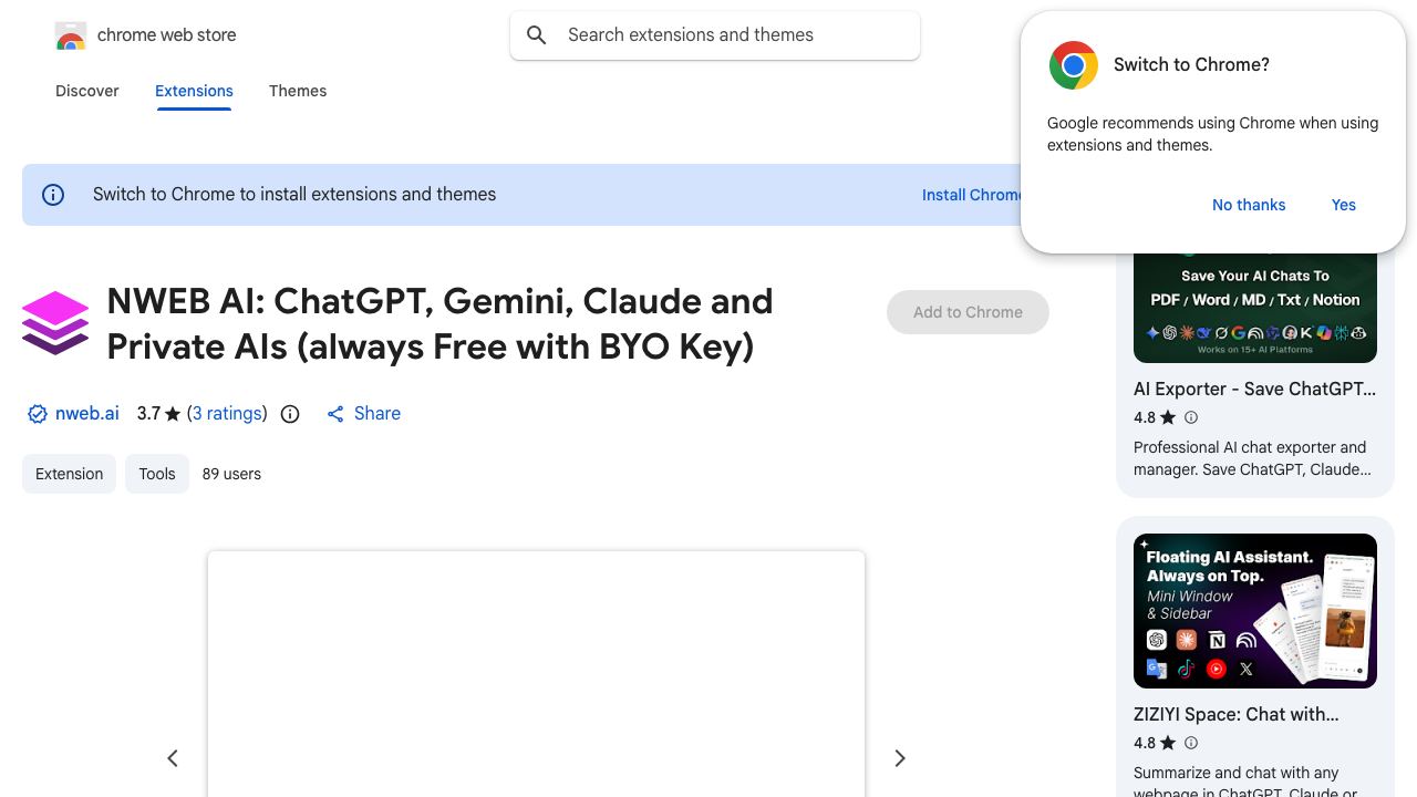 NWEB AI: ChatGPT, Gemini & Private AIs on Websites/Docs (Free with BYO Key) website screenshot