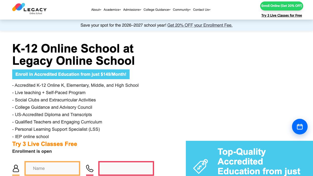 Legacy Online School 网站截图