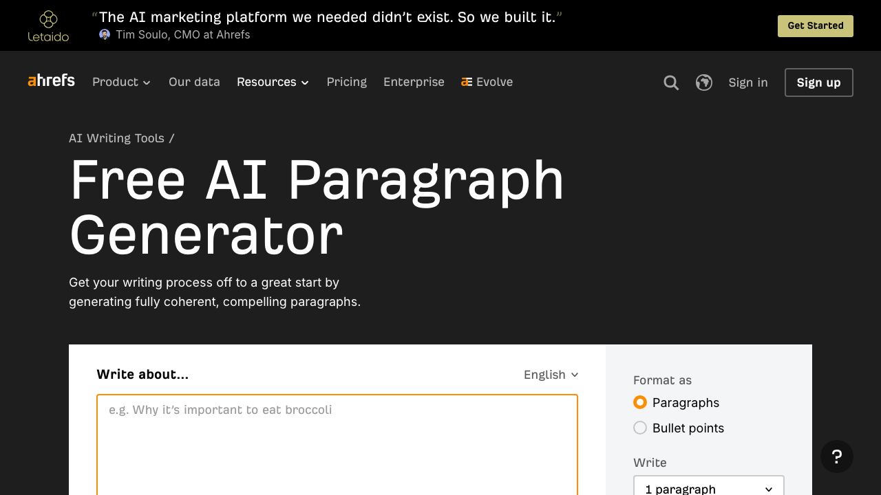 Ahrefs Paragraph Generator website screenshot