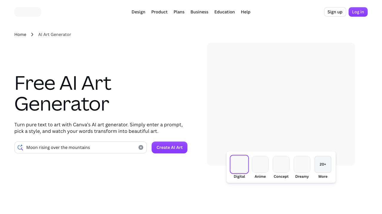 AI Art Generator | Canva 网站截图