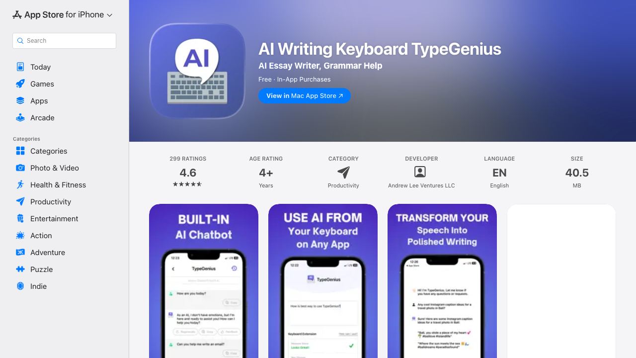 TypeGenius: AI Keyboard App for iPhone 网站截图