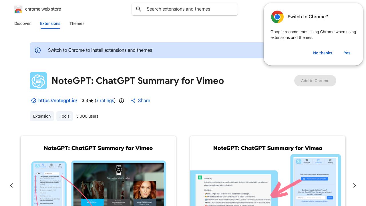 NoteGPT: ChatGPT Summary for Vimeo 网站截图