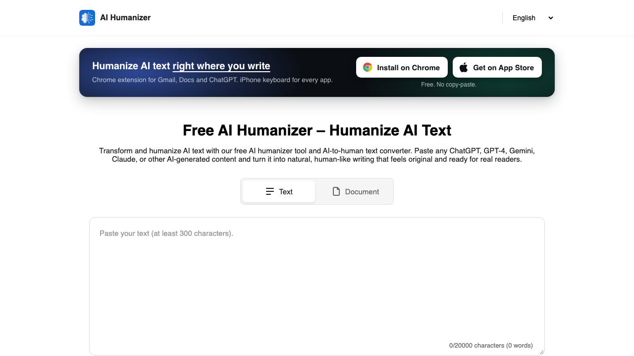 Free AI Text Humanizer & Detector website screenshot