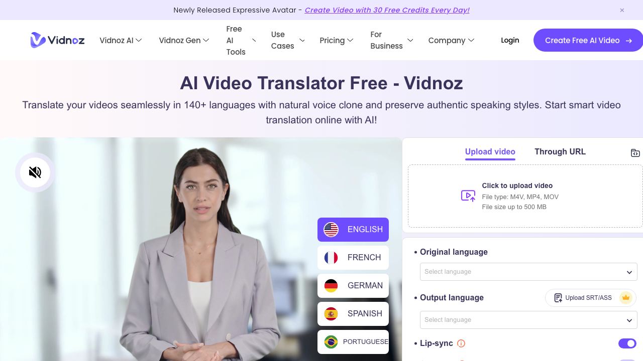 Vidnoz AI Video Translator 网站截图
