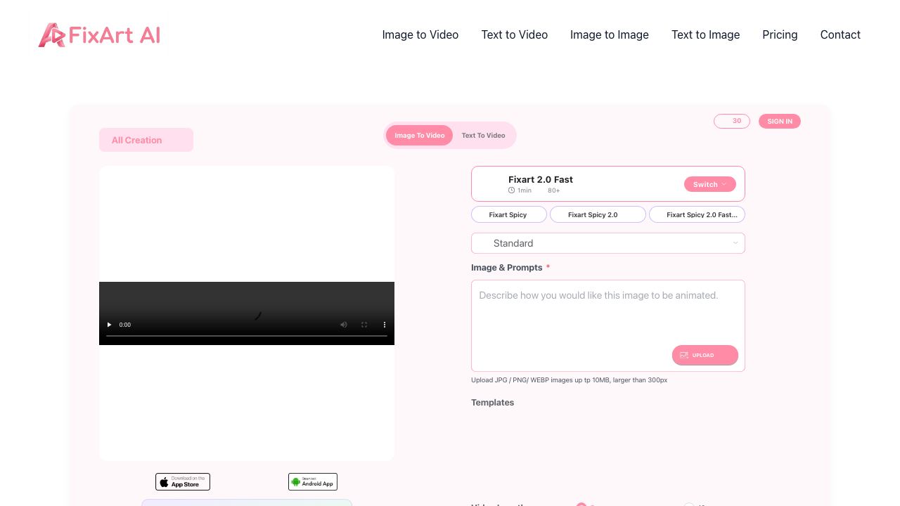 FixArt AI: AI Video, AI Image 网站截图