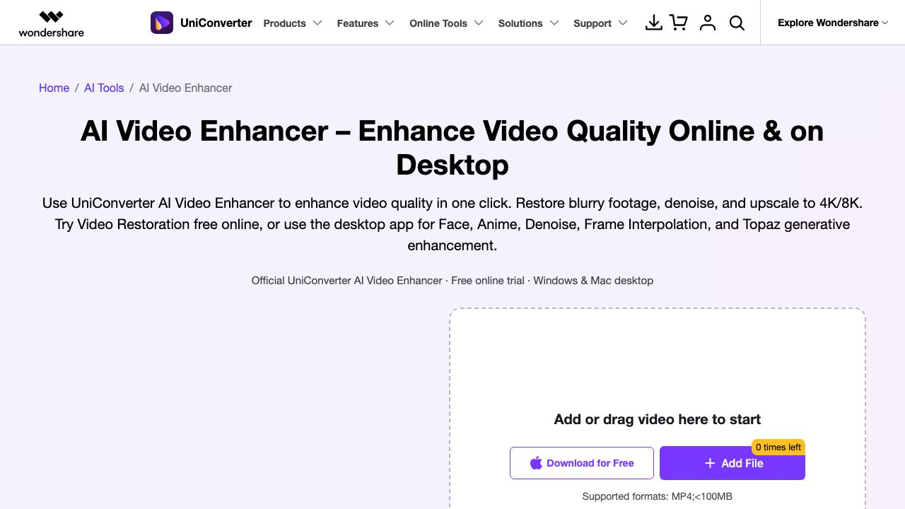 AI Video Enhancer - UniConverter 网站截图