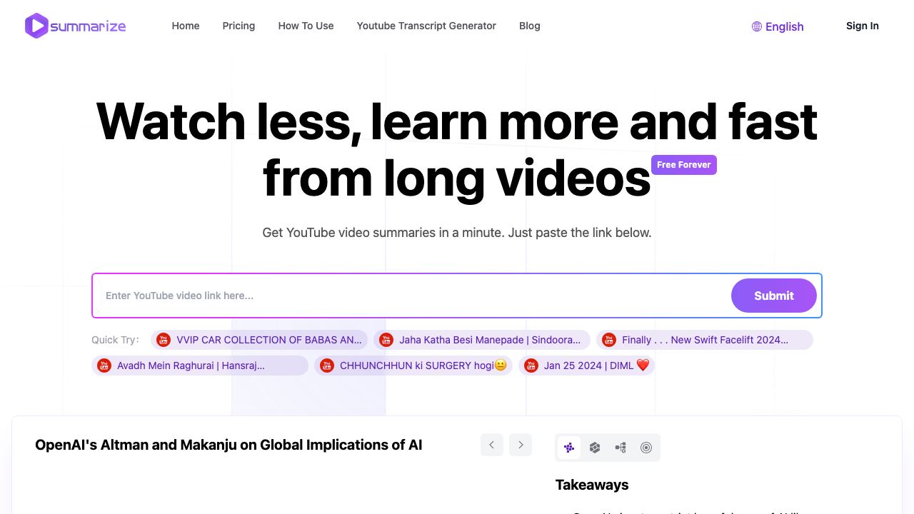 Summarize-Youtube Video Summarizer website screenshot