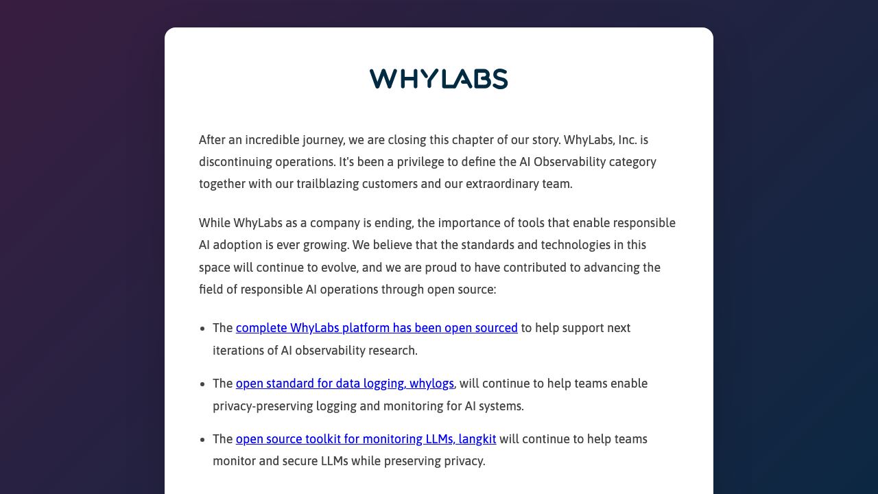 WhyLabs AI Observatory 网站截图