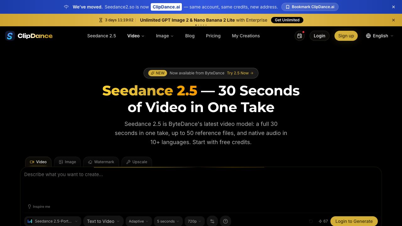 seedance 2.5 - clipdance website screenshot