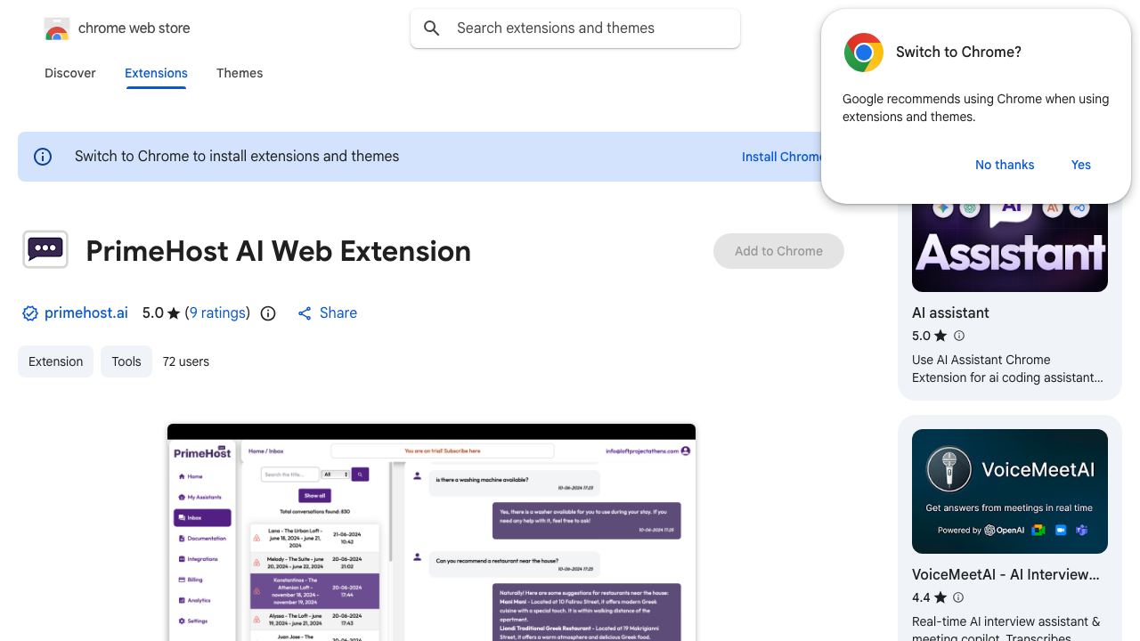 PrimeHost AI Web Extension for Channel Managers website screenshot