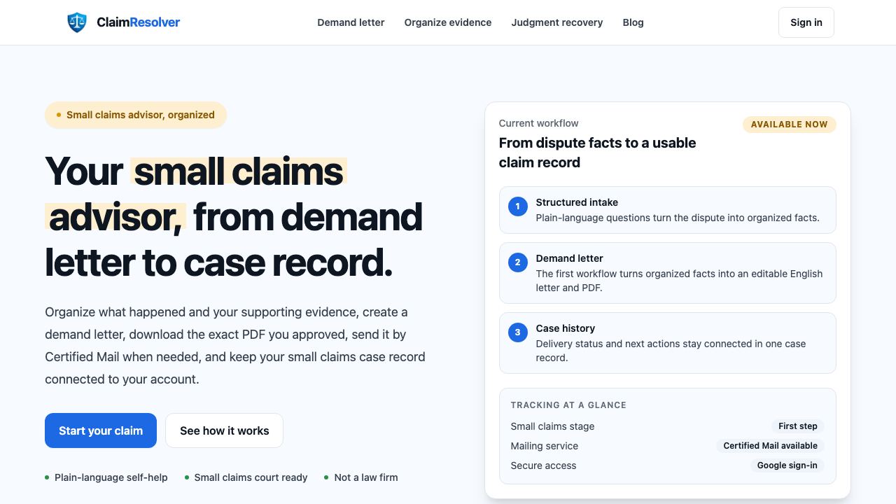 ClaimResolver.ai website screenshot