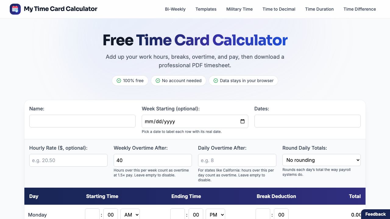 My Time Card Calculator 网站截图