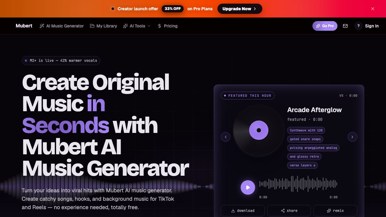 Mubert AI Music Generator website screenshot