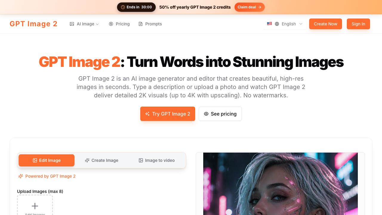 GPT Image 2 — Turn Words into Stunning Images website screenshot