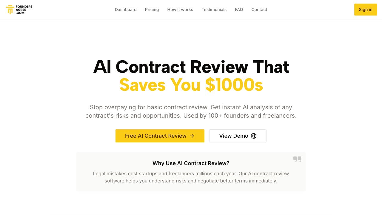 FoundersAgree - AI Contract Review 网站截图