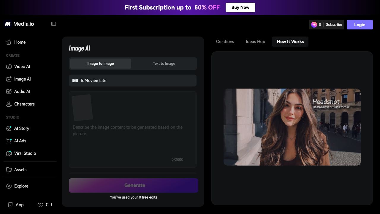 Media.io Free AI Image Generator website screenshot