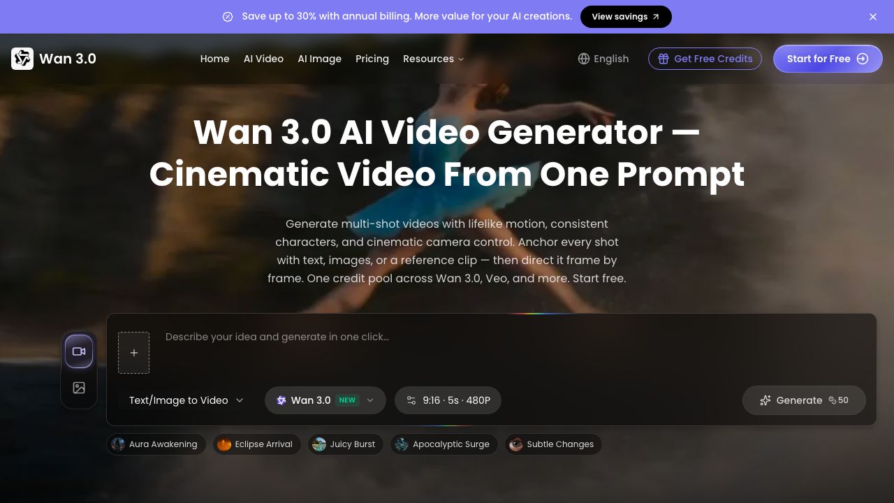 Wan 3.0 AI Video Generator website screenshot