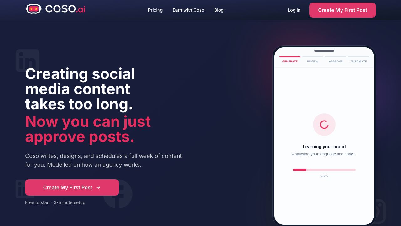 Coso.ai - Your Social Media Co-Pilot website screenshot