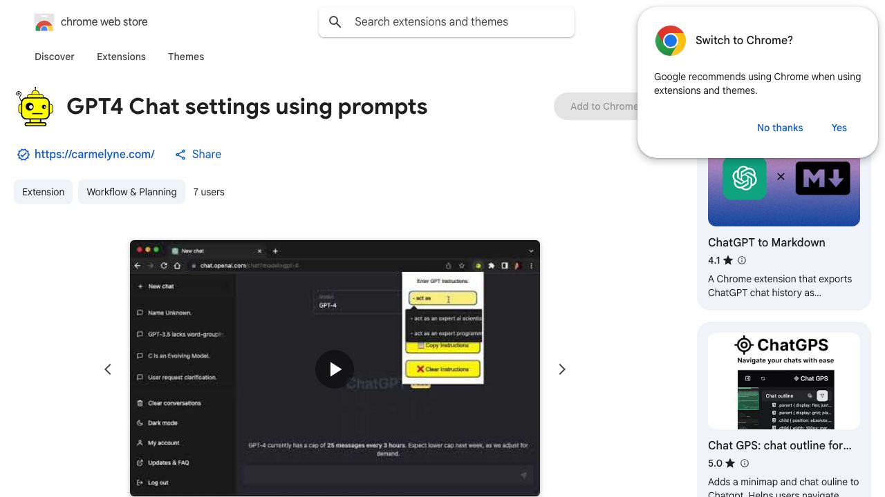 GPT4 Chat settings using prompts website screenshot