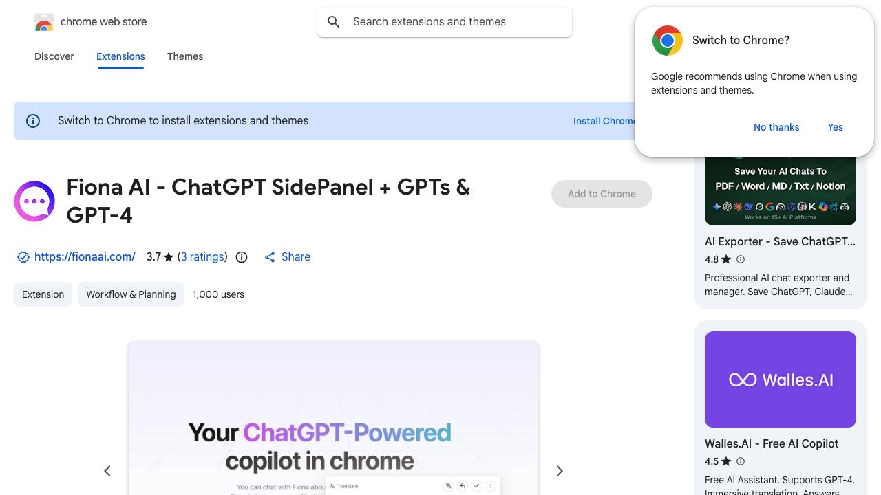 Fiona AI - ChatGPT SidePanel + GPTs & GPT-4 website screenshot