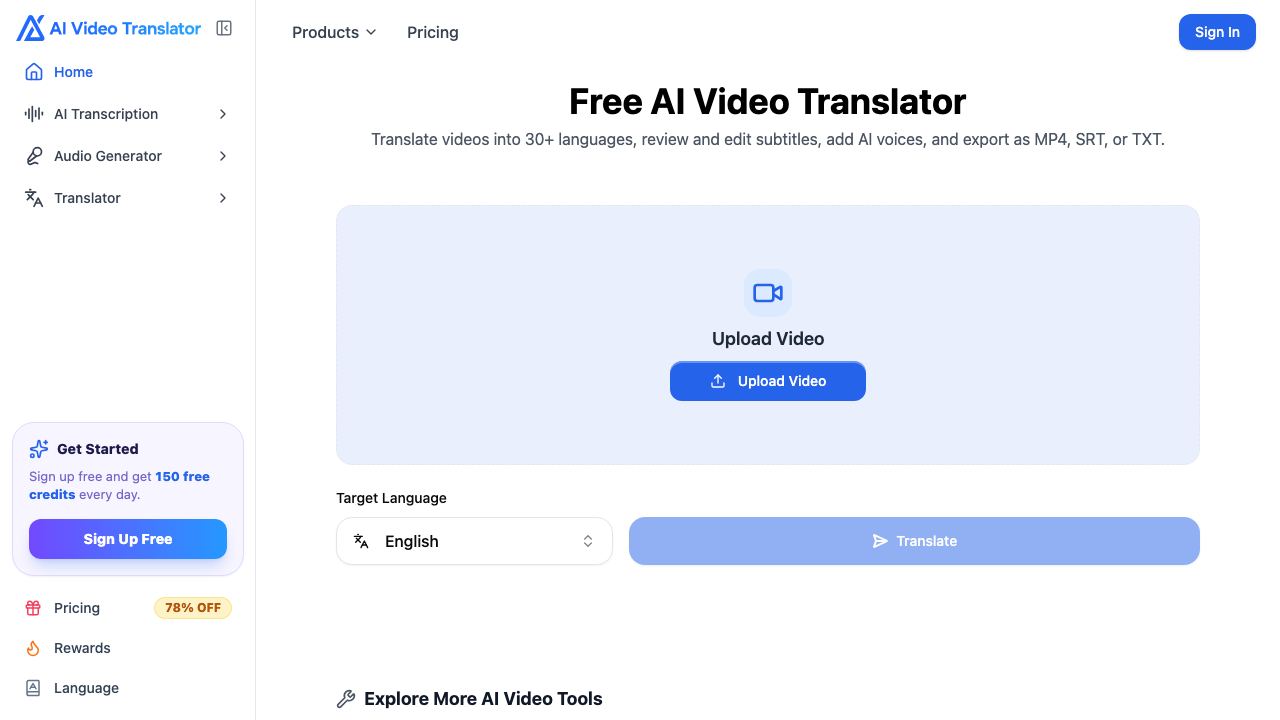 AI Video Translator website screenshot