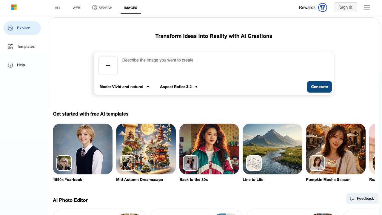 Bing Create website screenshot