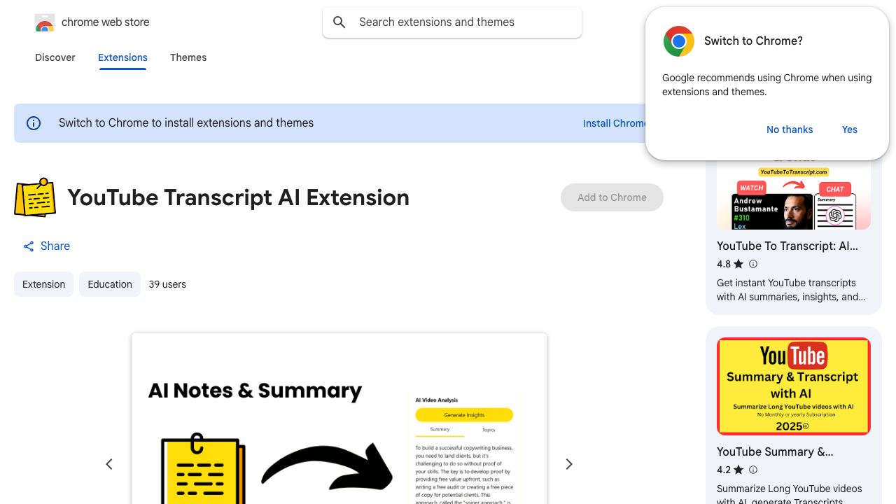 YouTube Transcript AI Extension 网站截图