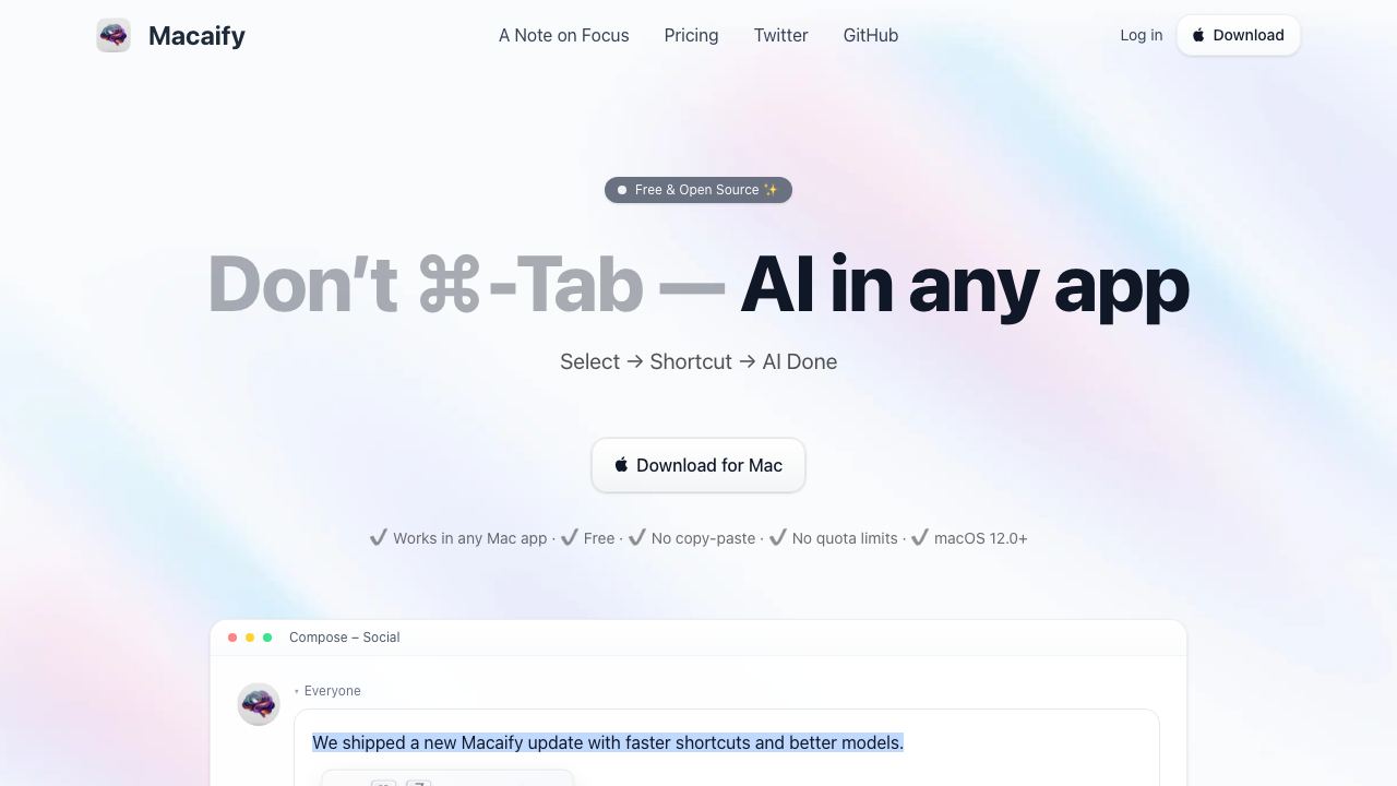Macaify - Make your Mac-AI-fy 网站截图