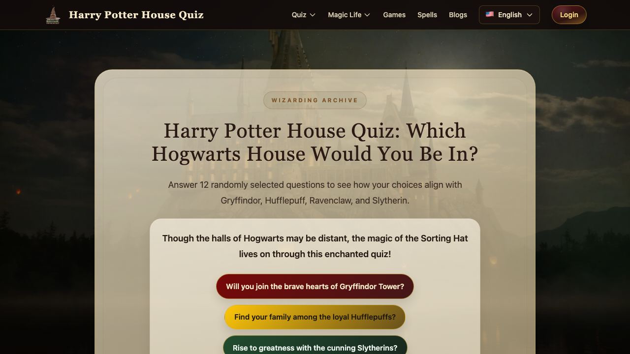 harry potter house quiz 网站截图