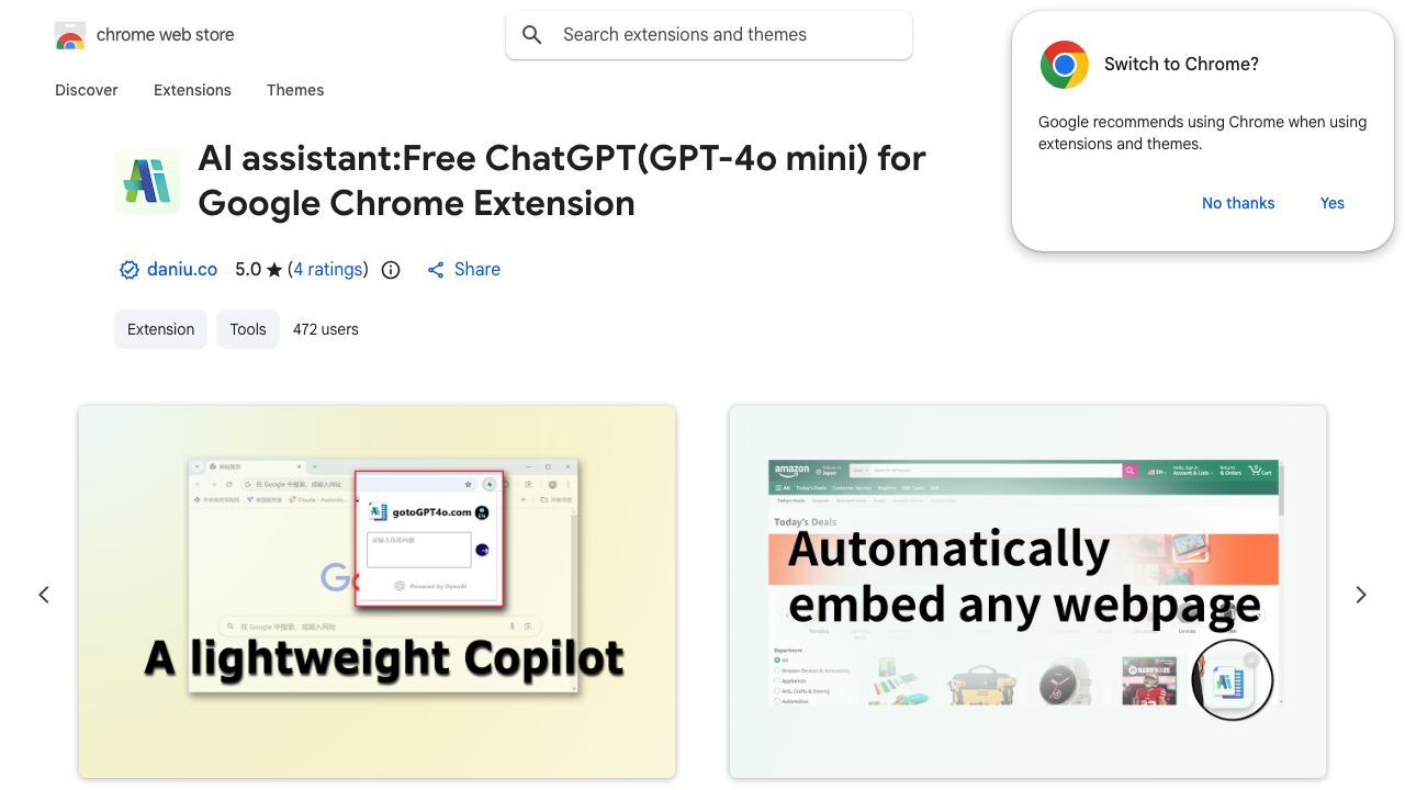Mini ChatGPT For Chrome. website screenshot