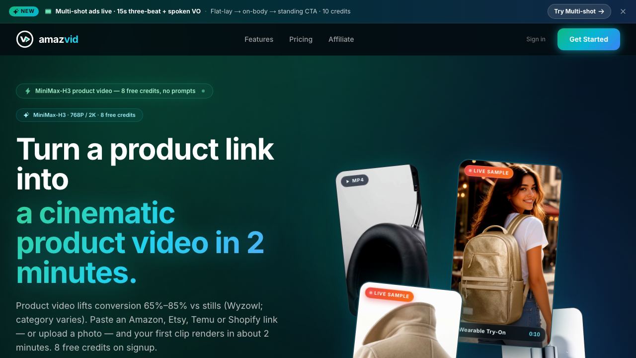 AmazVid – Paste Product Link to Cinematic Video website screenshot