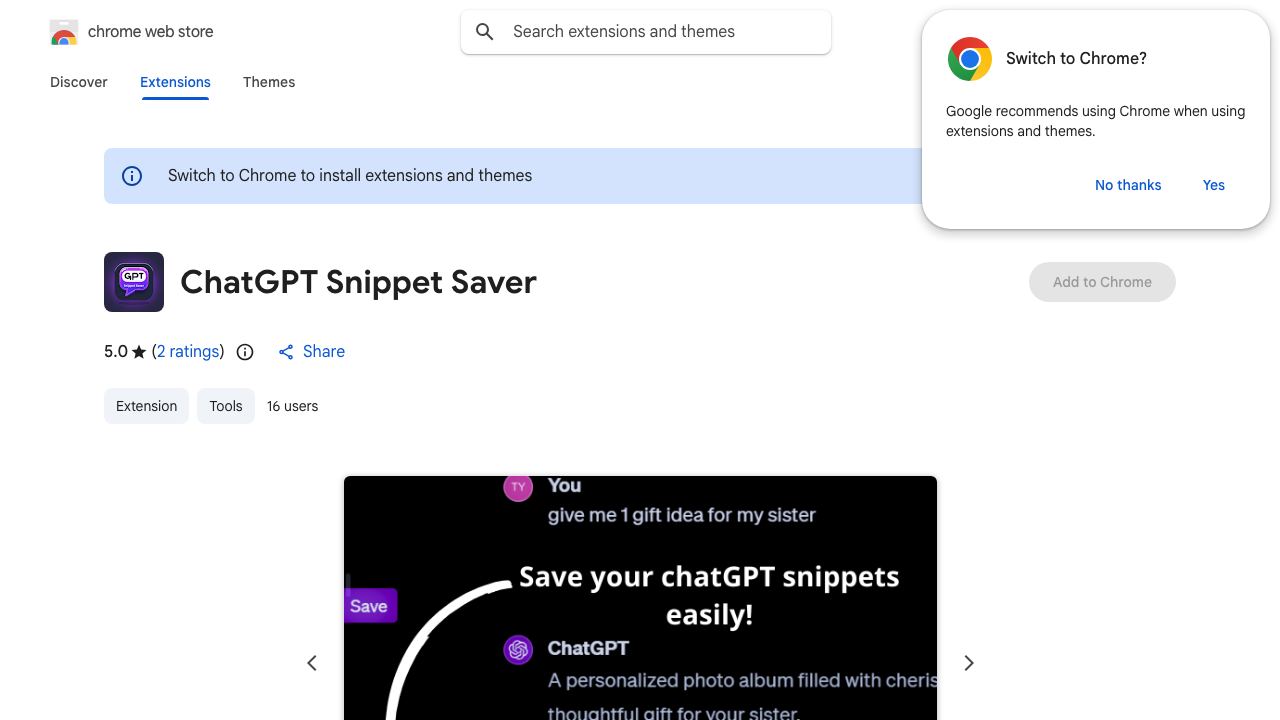 ChatGPT Snippet Saver website screenshot