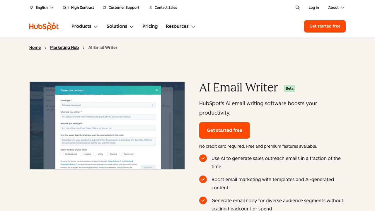 AI Email Writer | HubSpot 网站截图