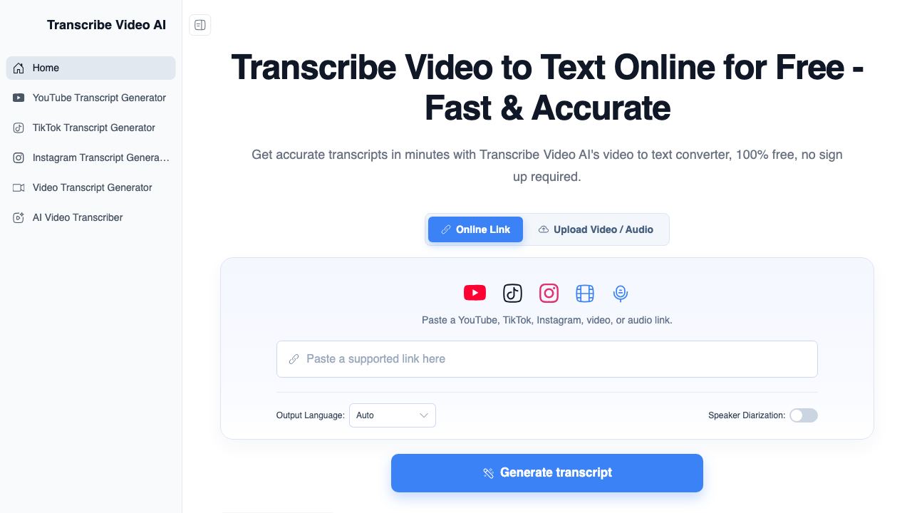 Transcribe Video AI: Transcribe Video to Text Online 网站截图