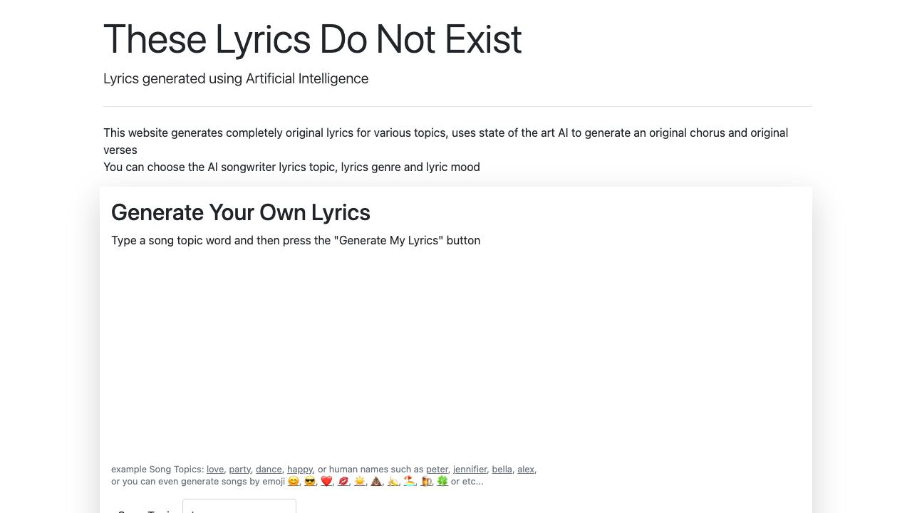 Artificial Intelligence Songwriter 网站截图