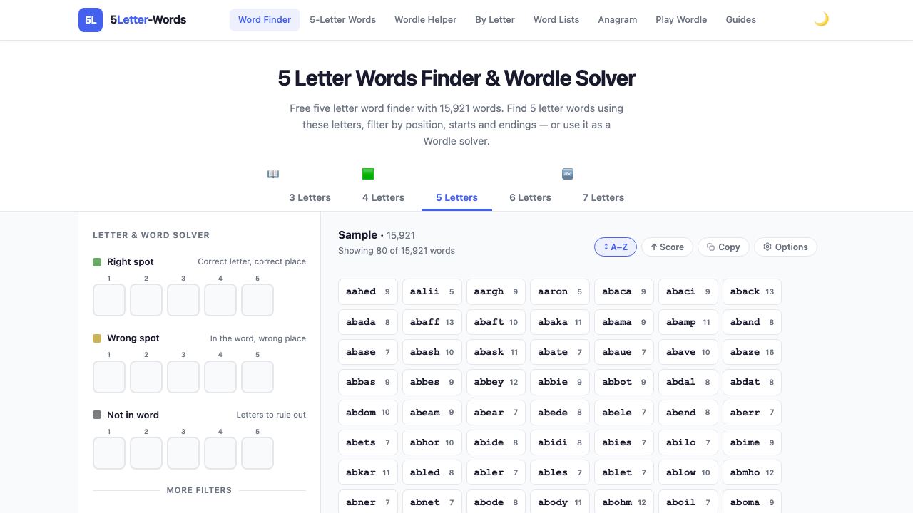5letter Words 网站截图