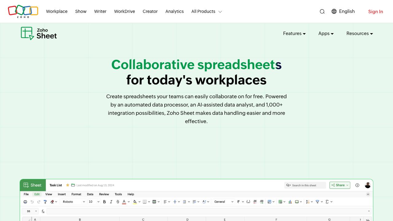 Zoho Sheet 网站截图